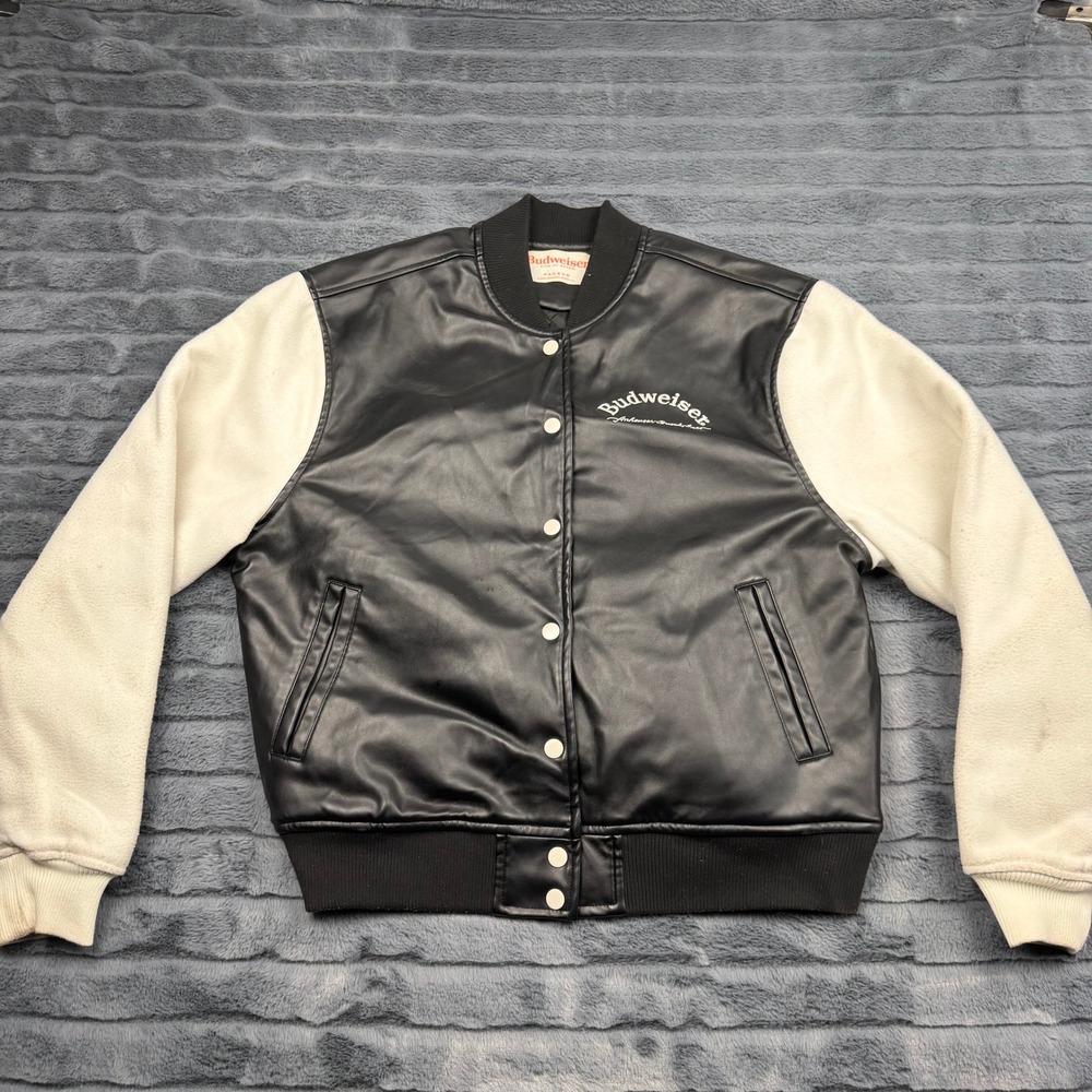 PacSun Budweiser Varsity Jacket Mens XS/S Black Faux Leather Embroidered Bomber